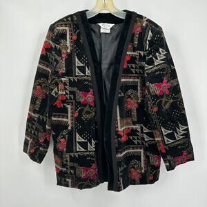 TanJay Womens‎ Jacket Size 14 Velvet Black Red Whimsigoth Vintage Artsy Floral
